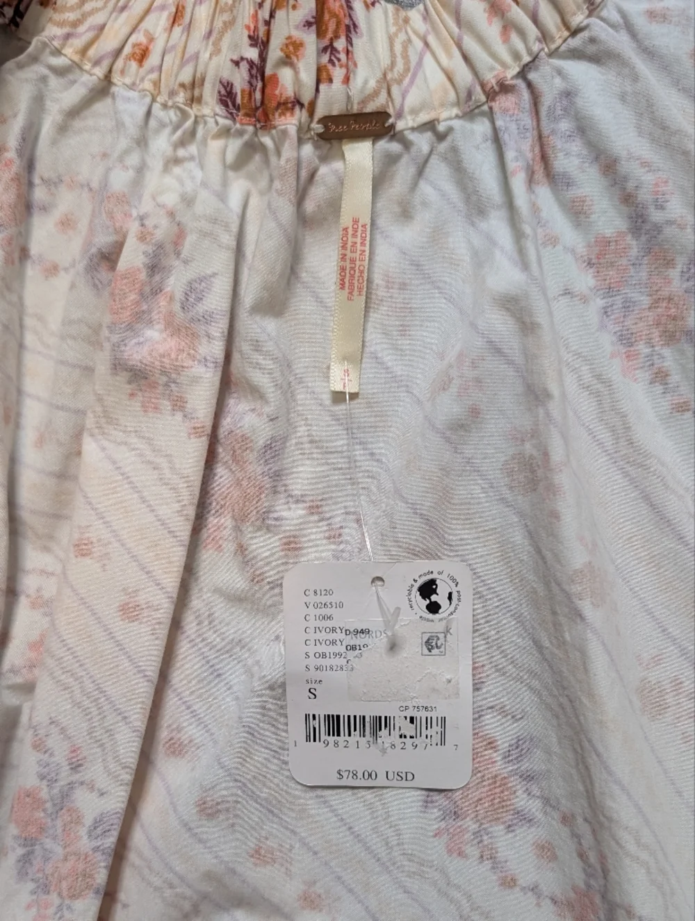 Free People Gaia Ivory Skirt with Orange Floral Stripe Print Size Small New